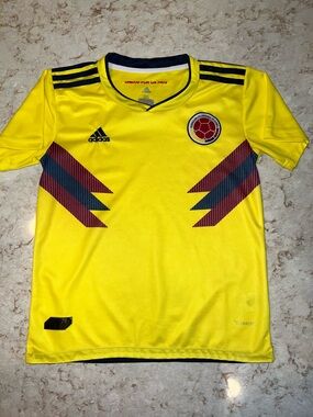 adidas Yellow Kids Colombia Soccer Jersey with Red & Blue Accents